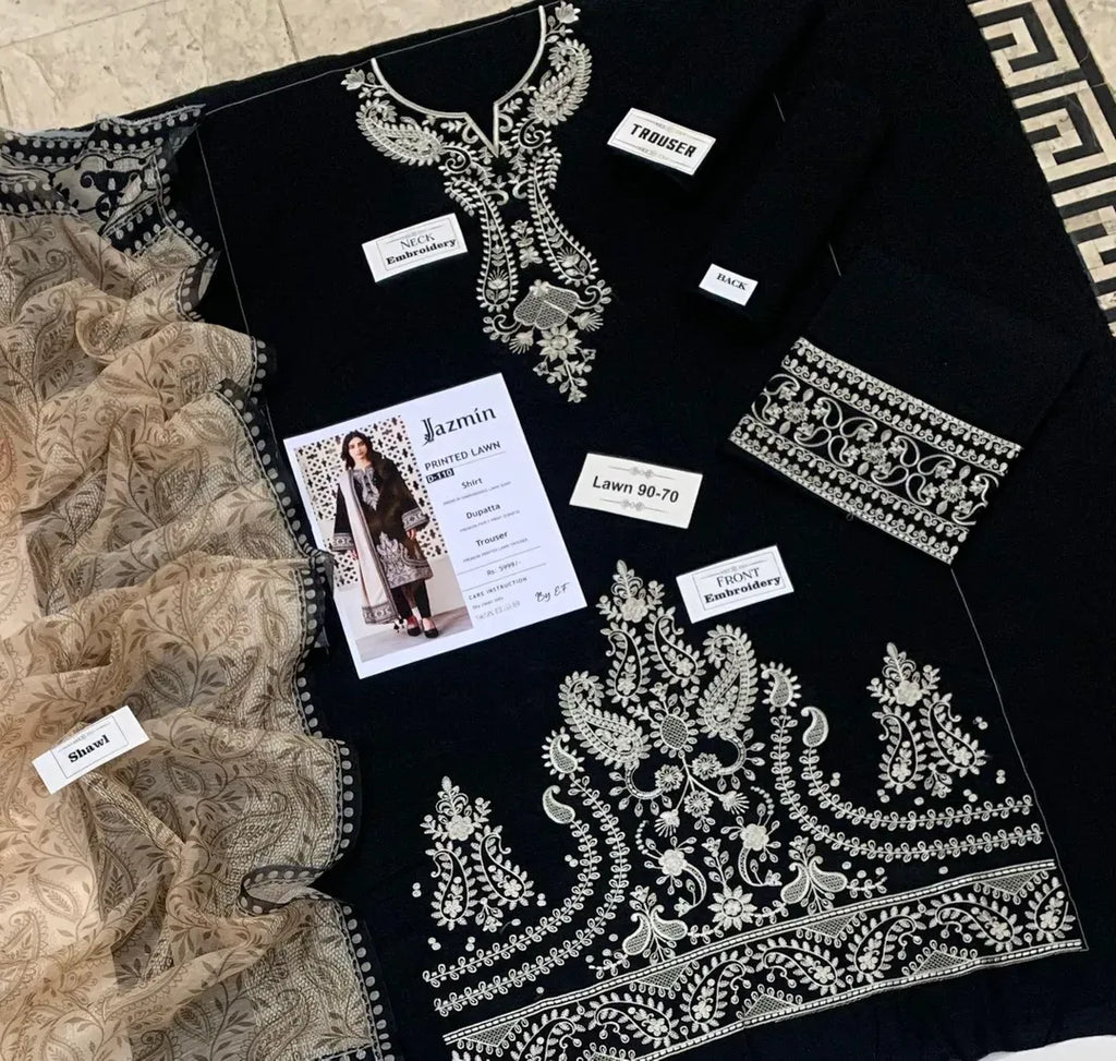 Black Embroidered Lawn 3Pcs Kurta Set