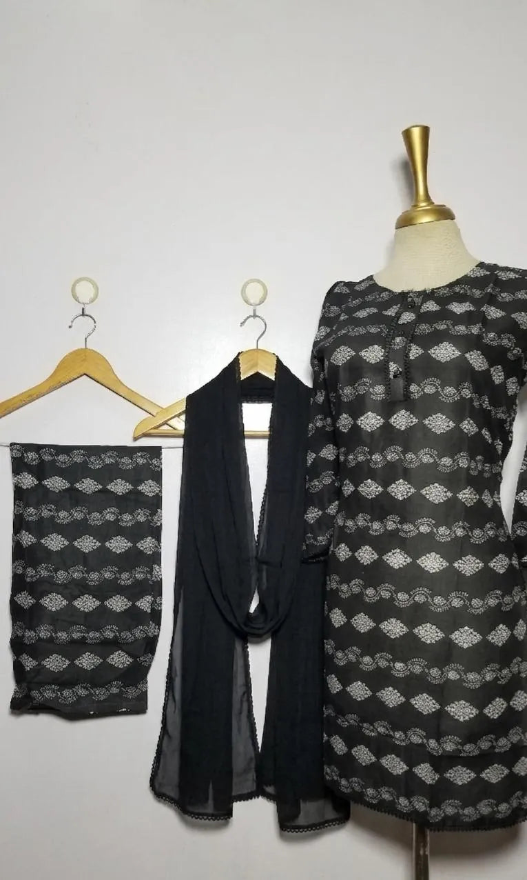 Black Digital Print Lawn 3Pcs Set with Chiffon Dupatta