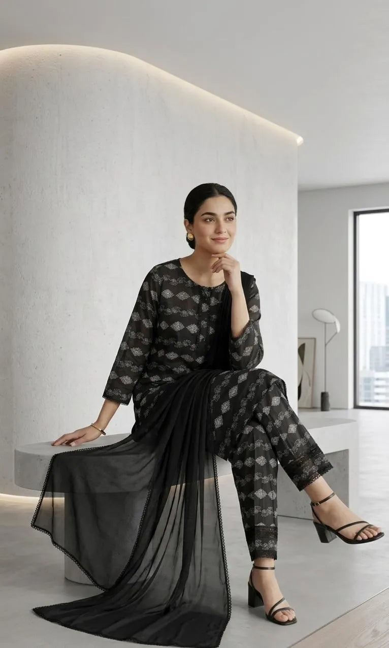 Black Digital Print Lawn 3Pcs Set with Chiffon Dupatta
