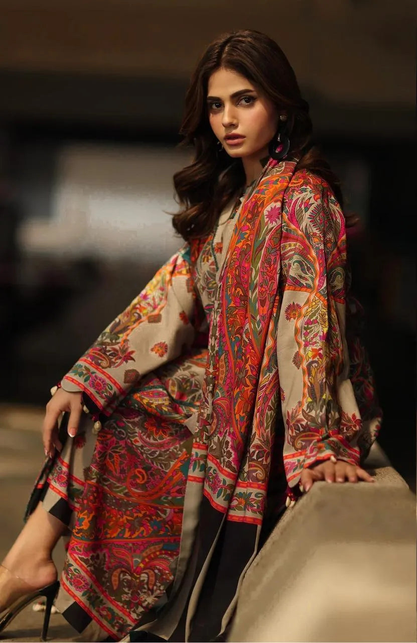 3-Piece Printed Khaddar Suit for Women with Paisley Design