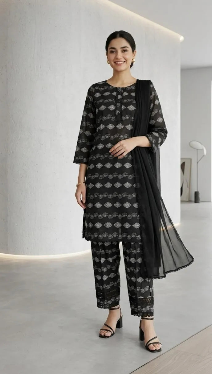 Black Digital Print Lawn 3Pcs Set with Chiffon Dupatta