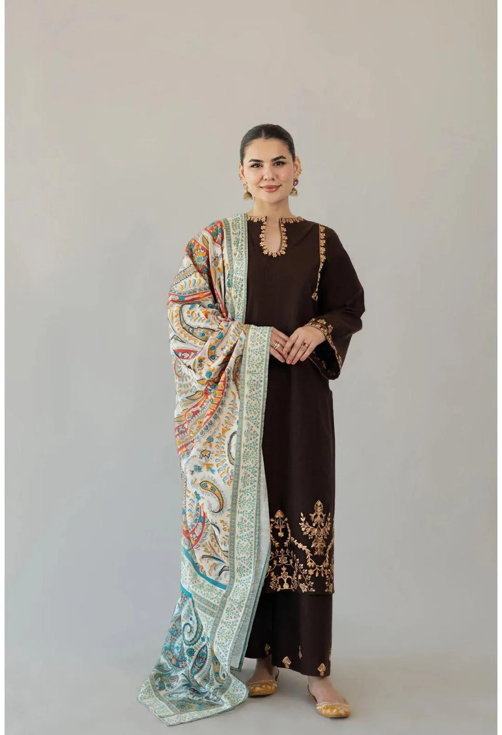 Brown Embroidered Lawn 3Pcs Set with Digital Print Dupatta