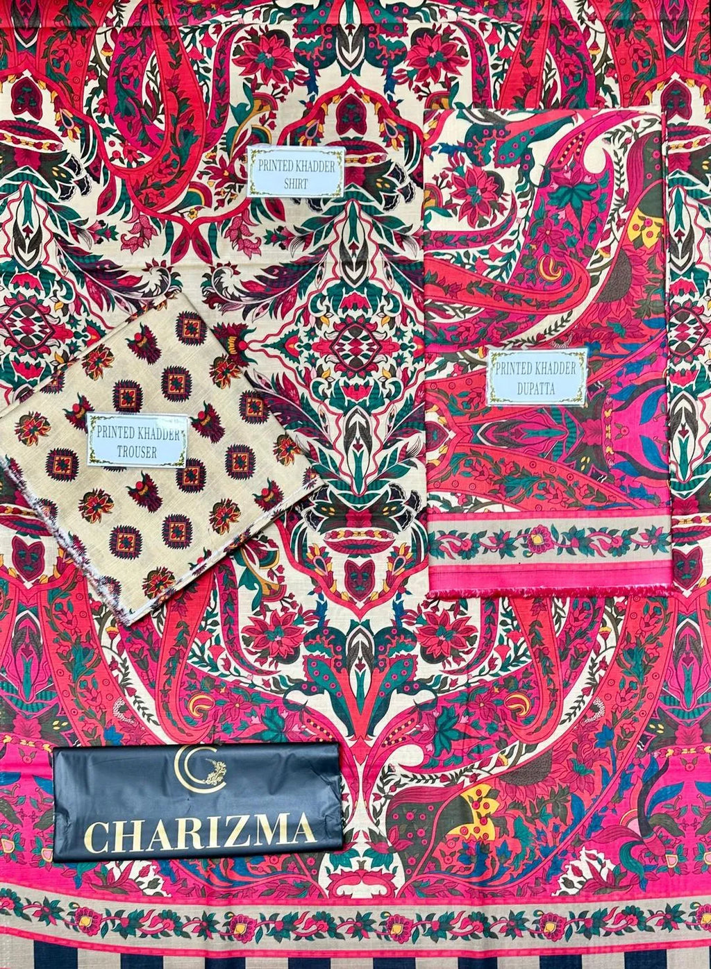 3-Piece Printed Khaddar Suit for Women with Paisley Design