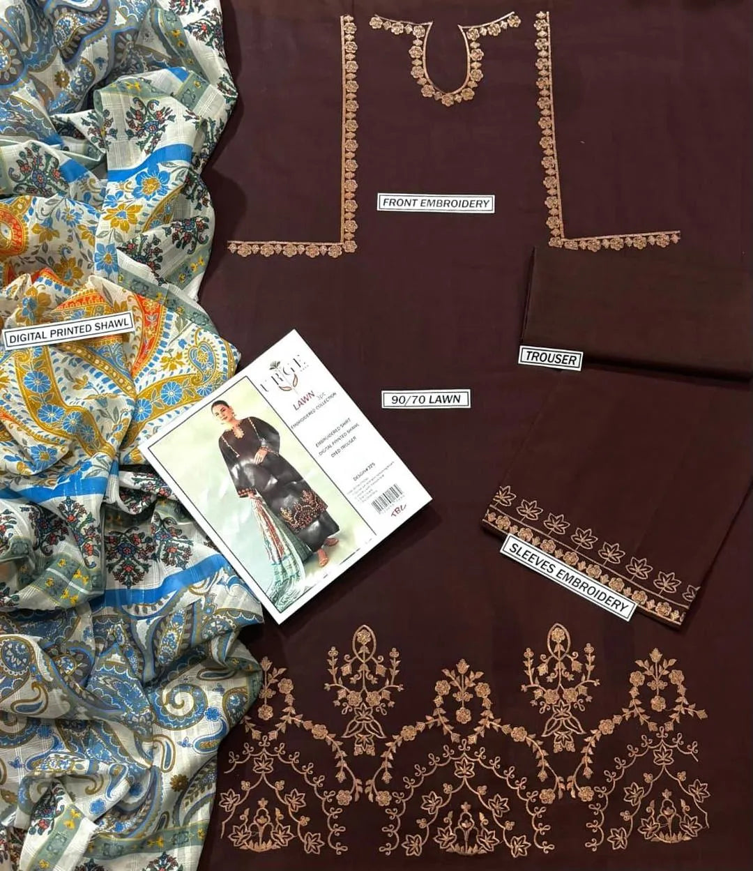 Brown Embroidered Lawn 3Pcs Set with Digital Print Dupatta