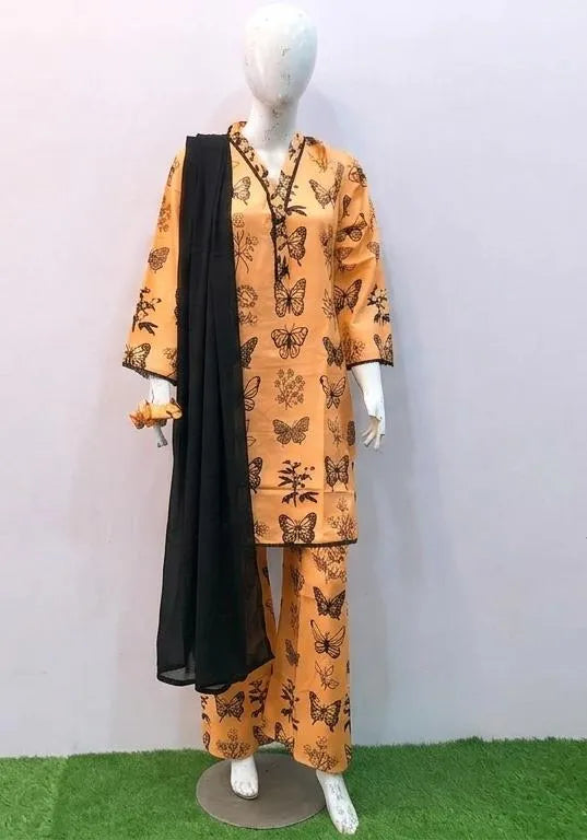 Peach Printed Linen 3Pcs Set with Chiffon Dupatta