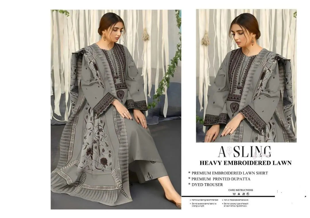 Heavy Embroidered Lawn Suit Grey Women's A line