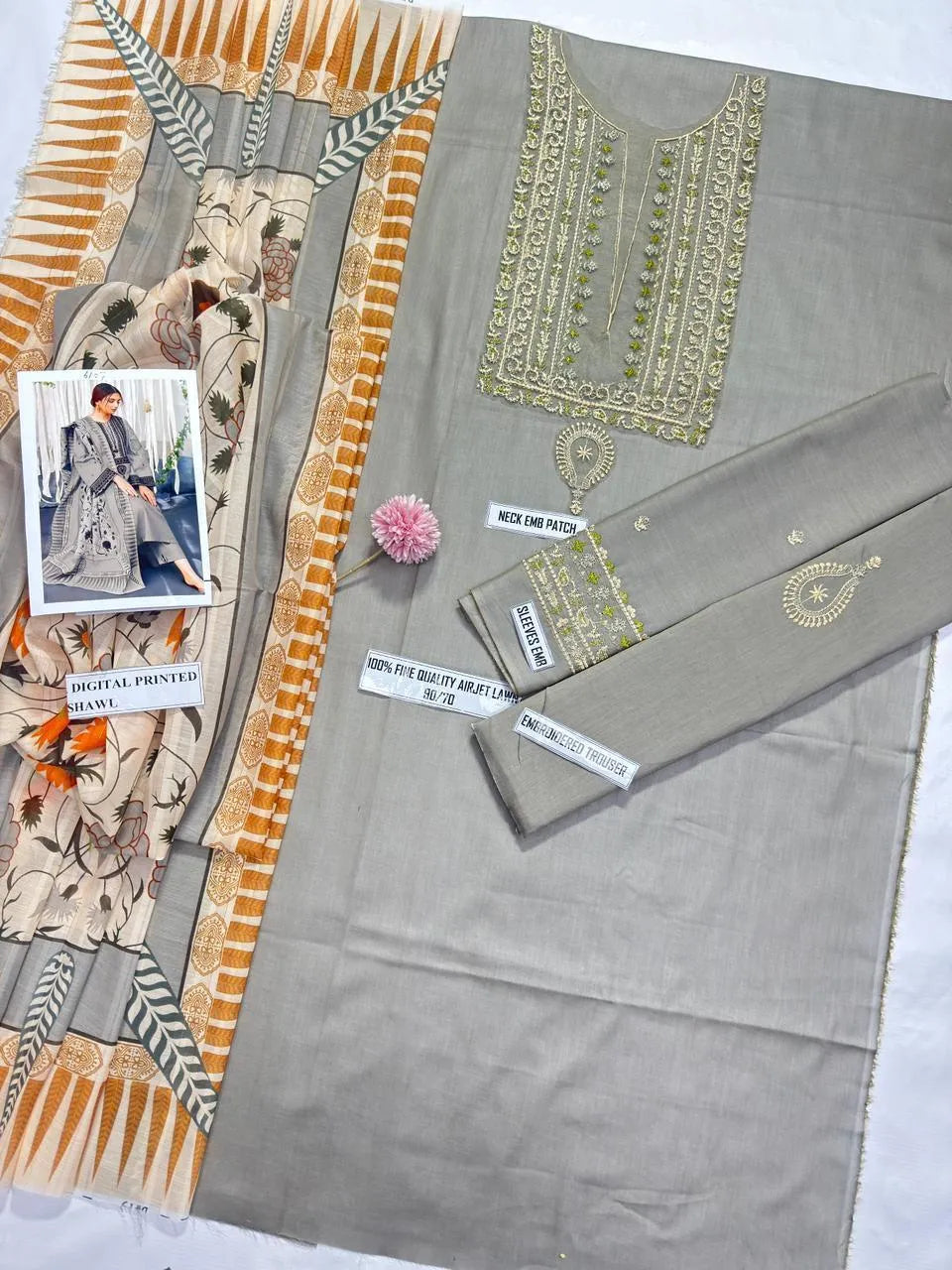 Heavy Embroidered Lawn Suit Grey Women's A line