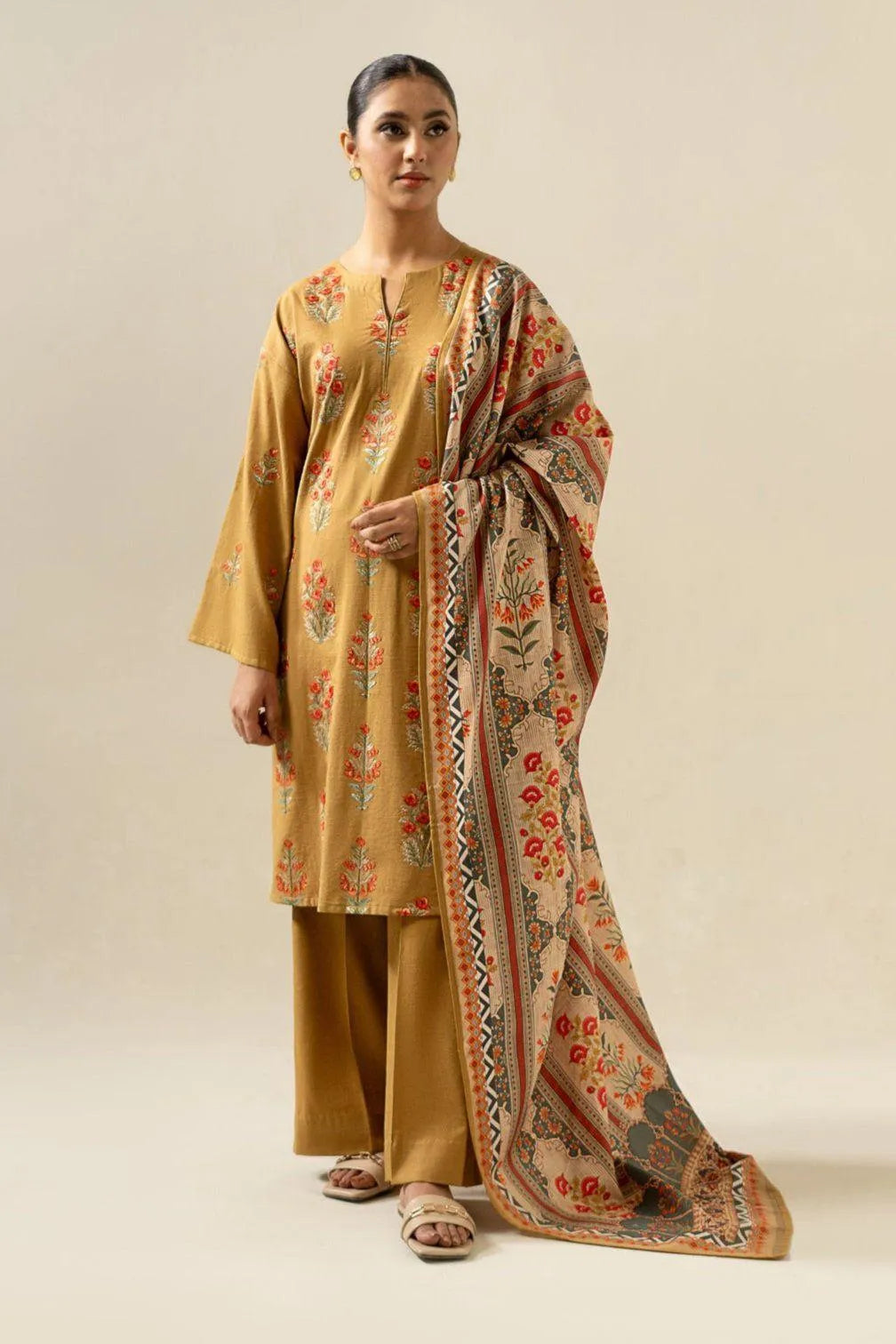 Orange Embroided Lawn 3Pc set with Digital print Dupatta