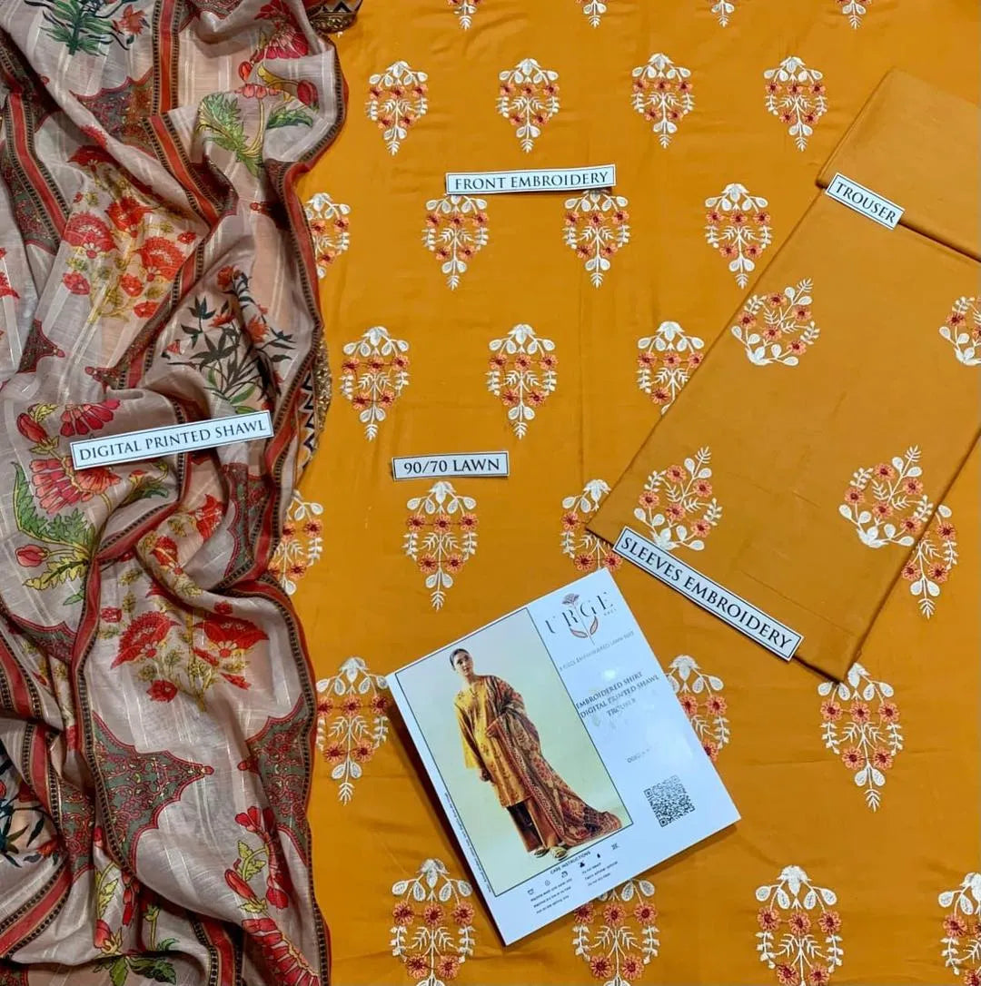 Orange Embroided Lawn 3Pc set with Digital print Dupatta